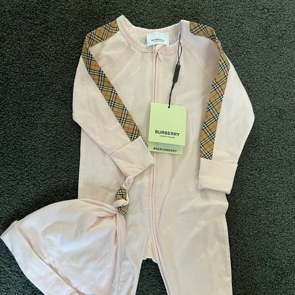 Burberry Pink Baby Footie Set with Hat - Check Trim New with Tags